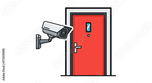 A security camera mounted on a wall, monitoring a closed red entrance door.
