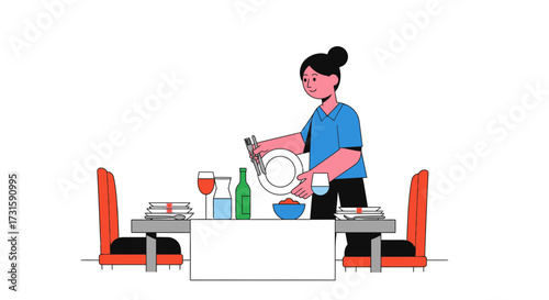 An illustration of a woman setting a dining table for a meal for two, with plates, wine, and food.