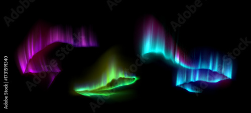 Colorful aurora northern lights effect with vibrant green, purple and blue waves on dark sky for natural phenomenon display. Glowing atmospheric gradient transitions for arctic visualization.