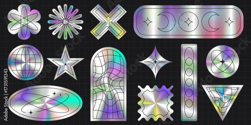 Y2K holographic sticker set with iridescent gradient shapes and geometric patterns for retro futuristic aesthetic. Metallic chrome elements with rainbow reflections, stars, spheres and abstract forms