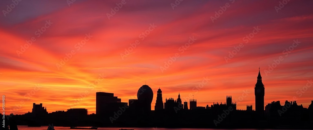 Obraz premium Iconic London skyline silhouette at sunset, dark against vibrant sky, dark, uk