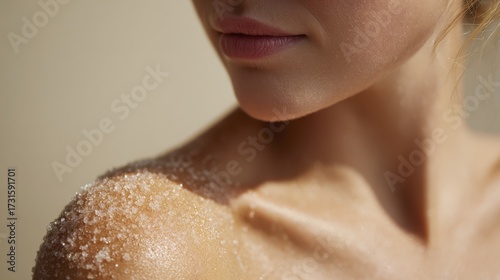 Close-up of woman's shoulder with sugar body scrub in natural light