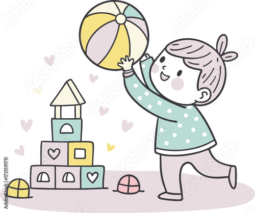 Joyful toddler's playtime building colorful blocks and playing with a cheerful ball illustration