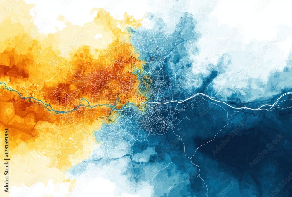 Naklejka premium Abstract watercolor map with vibrant orange and blue hues representing landscape and water