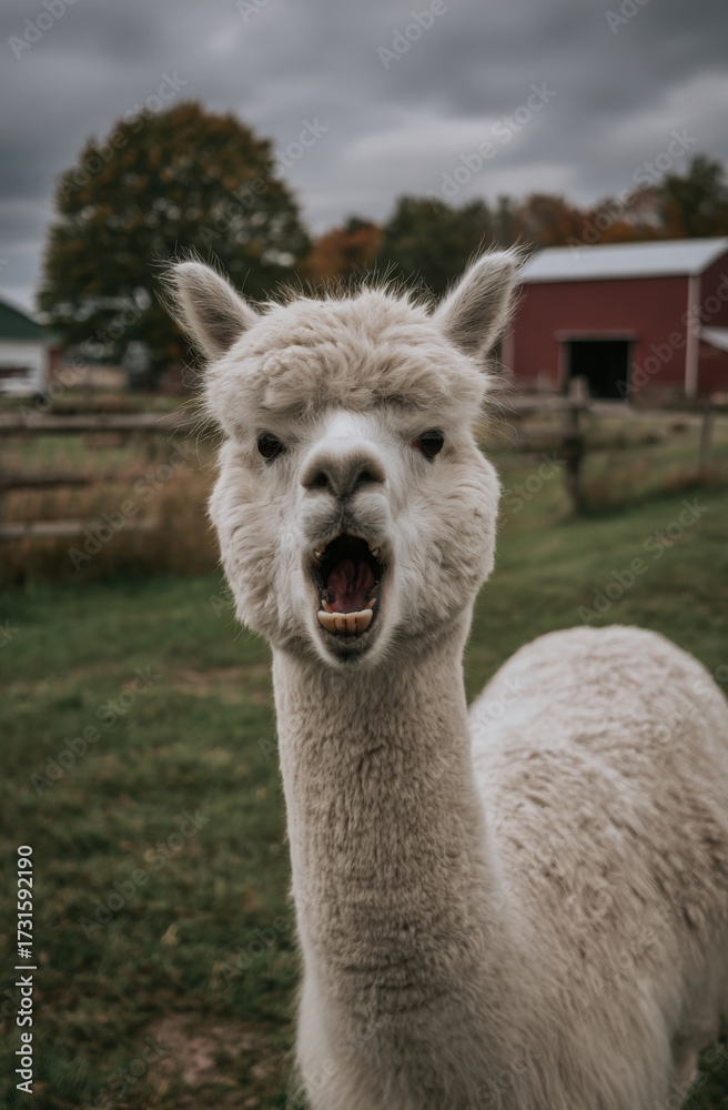 Obraz premium a white alpaca with its mouth open