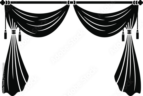 Black Silhouette Of Draped Curtains With Tassels On Rod drapery fabric