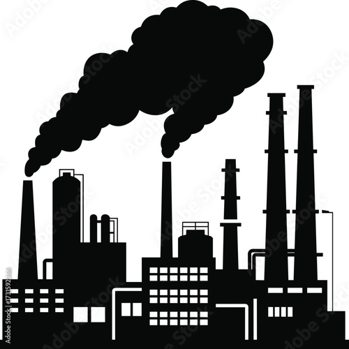Black silhouette of industrial factory with smoke billowing from chimneys industry