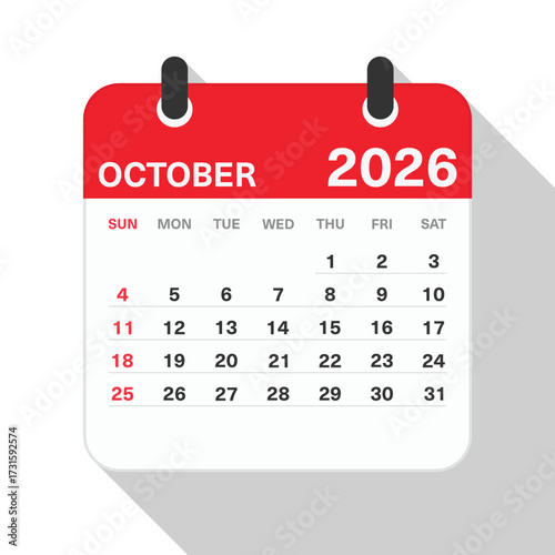 Monthly Calendar for October 2026. Red Theme on White Background