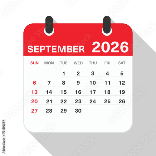 Monthly Calendar for September 2026. Red Theme on White Background
