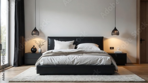 Modern minimalist bedroom interior design with black leather bed, neutral bedding, and stylish pendant lighting