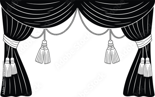 Black silhouette of theatrical curtains with tassels and ropes stage theater
