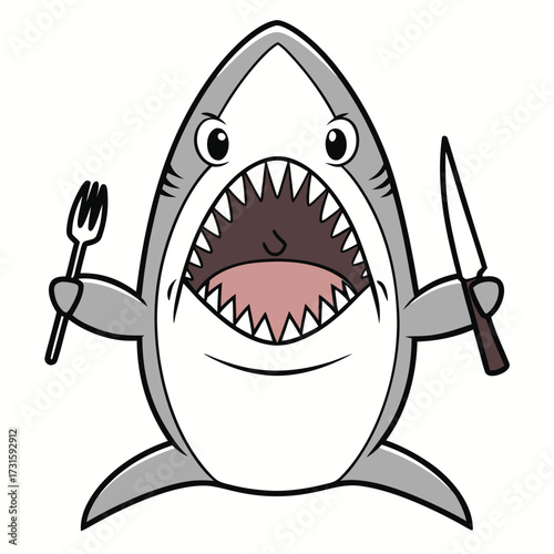 Vector art of a cartoon shark with its mouth open, sharp teeth visible, holding a fork and knife