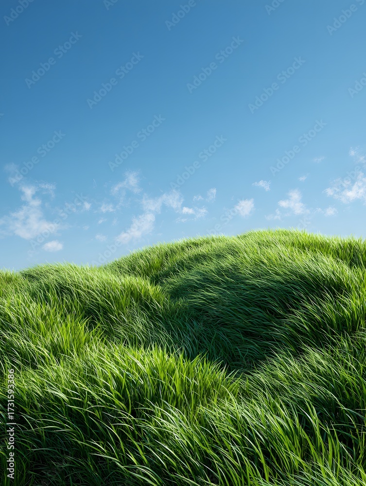 Naklejka premium Verdant green grasses gently sway atop rolling hills under a bright, cloud-dappled blue sky, portraying a sense of serenity and tranquility in a natural landscape.