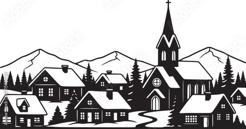 Christmas Winter Village Scene Silhouette Snow-Covered Houses and Church