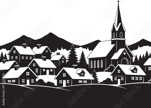 Christmas Winter Village Scene Silhouette Snow-Covered Houses and Church