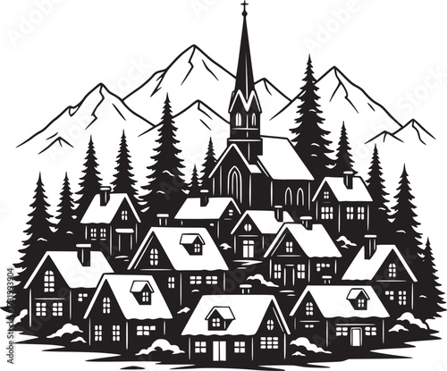 Christmas Winter Village Scene Silhouette Snow-Covered Houses and Church