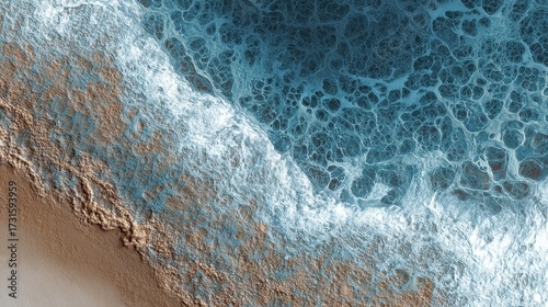 Abstract aerial view of ocean foam meeting a sandy shoreline.