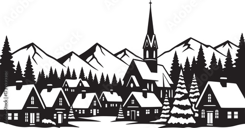 Christmas Winter Village Scene Silhouette Snow-Covered Houses and Church