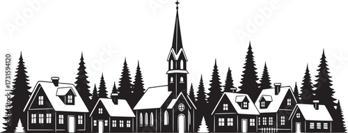 Christmas Winter Village Scene Silhouette Snow-Covered Houses and Church