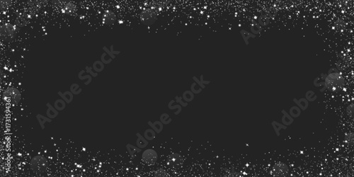 Black frame with silver glitter and shimmer border for elegant invitations or luxury card designs. Sparkling stardust particles and light effects around dark center space. Premium background template.