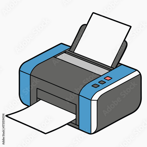 Vector art of a blue and gray printer printing a sheet of paper