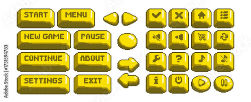 Yellow pixel game button set with start, menu, pause and navigation controls for interface. Retro 8 bit style icons with arrows and sound, settings and exit options. Digital arcade UI elements.