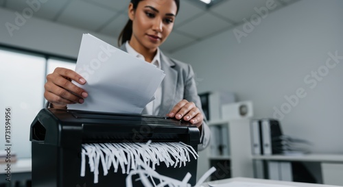 Woman putting a document into a paper shredder. Office worker destroying confidential information. Security and data protection concept.