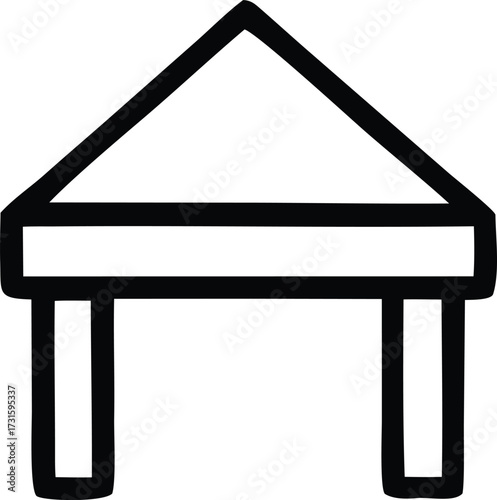 Simple line drawing of a canopy tent shelter or pavilion structure with a triangular roof and support legs iconic design element for outdoor events and shade solutions