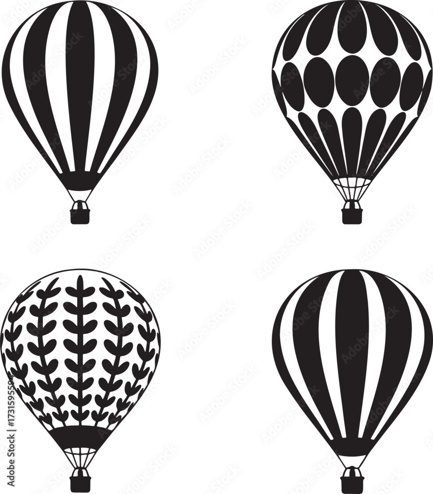 Obraz premium Minimalist Hot Air Balloon Silhouette Icon Set – 2x2 Grid with Striped, Diamond, Floral, and Abstract Patterns 