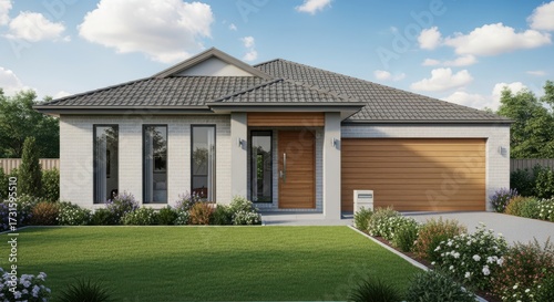 Modern single story family home with attached garage and lush landscaping