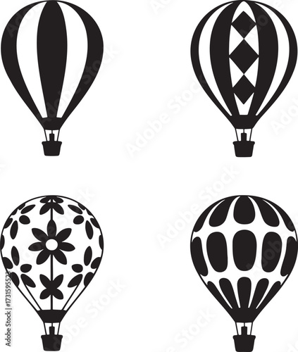 Minimalist Hot Air Balloon Silhouette Icon Set – 2x2 Grid with Striped, Diamond, Floral, and Abstract Patterns 