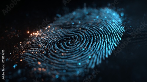 A detailed close-up of a glowing blue fingerprint, showcasing intricate swirls and patterns against a dark background.