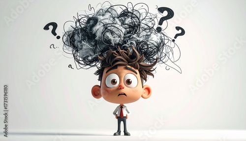 A cartoon boy with a worried expression, his head surrounded by tangled lines and question marks.