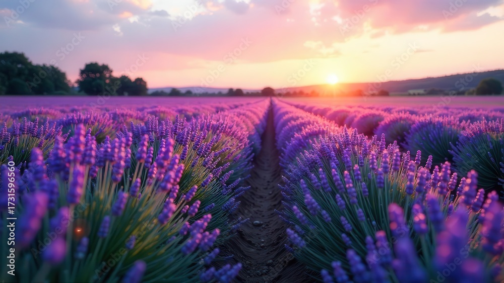 Fototapeta premium Serene Sunset over a Lavender Field, Rows of Purple Blossoms Bathed in Golden Light