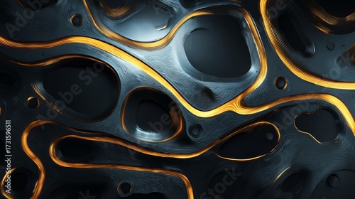 Abstract fluid shapes with glowing golden lines contrasting against a dark background, evoking a sense of movement and depth.