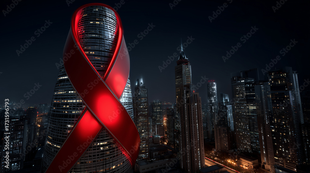 Obraz premium Mani che tengono il simbolo rosso di lotta contro l'aids. Nastro rosso. Segno internazionale di solidarietà con le persone affette da HIV/AIDS e simboleggia la lotta contro la malattia.