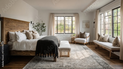 a large bedroom with wide windows, light white walls, and a vintage rug. The decor is in the modern farmhouse style, with a dark color palette
