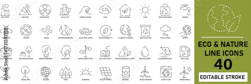 Eco & Nature Line Icons.40 editable outline vector icons for plants, trees, recycling, green energy, earth, ecosystem, and sustainability.