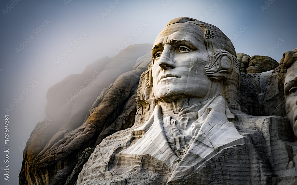 Obraz premium George washington at mount rushmore on a foggy day