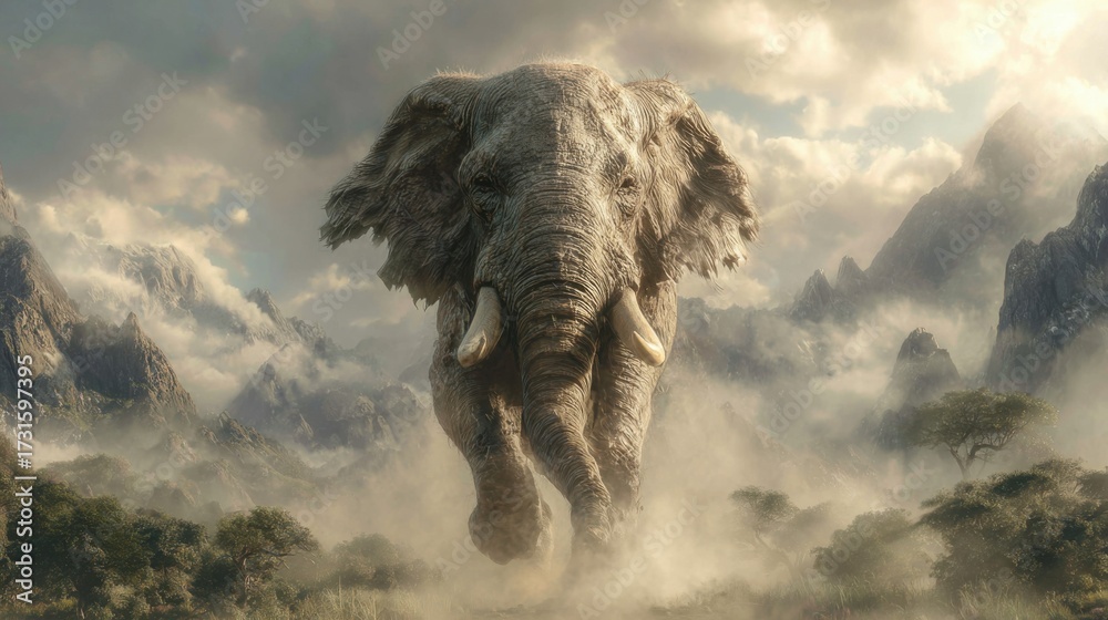 Fototapeta premium a colossal, world’s largest elephant charging forward, its massive body towering over the landscape, filling the frame with overwhelming scale, tiny trees and mountains in the background to emphas