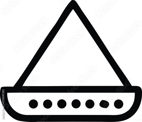 Simple line art icon of a stylized sailboat with dots on hull for nautical themes and maritime symbolism