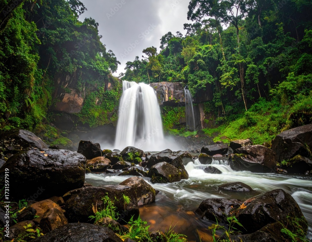 Obraz premium Lush waterfall cascading down rocks in a verdant forest