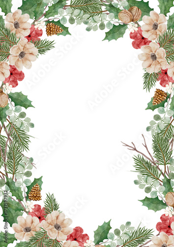 Digital watercolor full vertical frame packed with festive foliage and red flowers, excellent for Christmas menu covers or formal invitations.