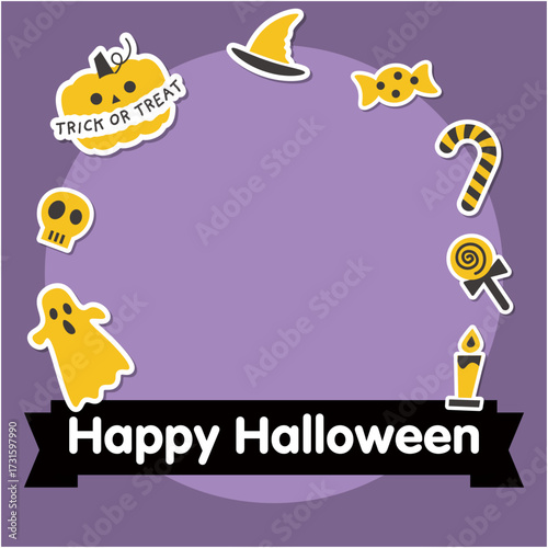 ハロウィンのポップな黄色のアイコンと紫色のフレーム 文字入り黒のリボンバナー
