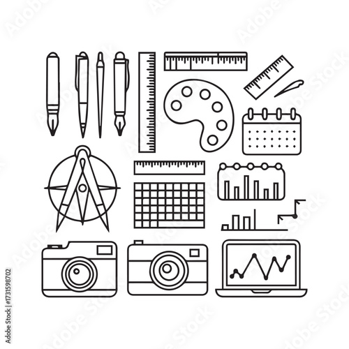 Line Art Icon Set with Tools and Devices.