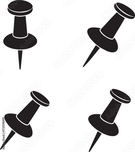 Minimalist Push Pin Icon Set – Black Silhouette Thumbtack Symbols in 2x2 Grid Design 
