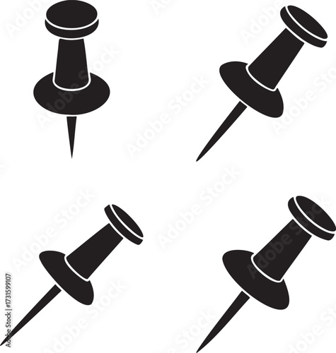 Minimalist Push Pin Icon Set – Black Silhouette Thumbtack Symbols in 2x2 Grid Design 
