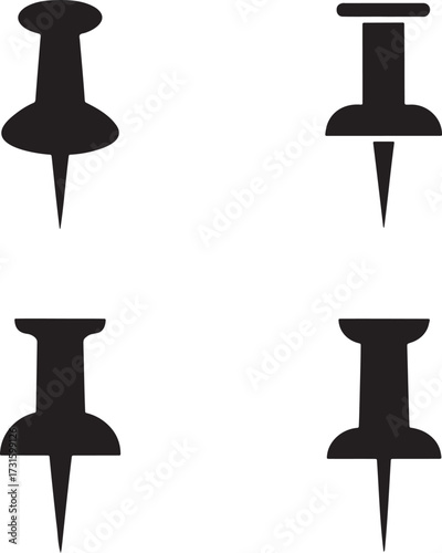 Minimalist Push Pin Icon Set – Black Silhouette Thumbtack Symbols in 2x2 Grid Design 