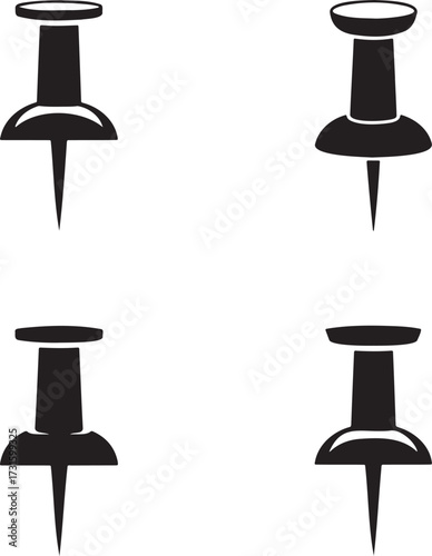 Minimalist Push Pin Icon Set – Black Silhouette Thumbtack Symbols in 2x2 Grid Design 