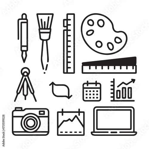 Line Art Icon Set with Tools and Devices.